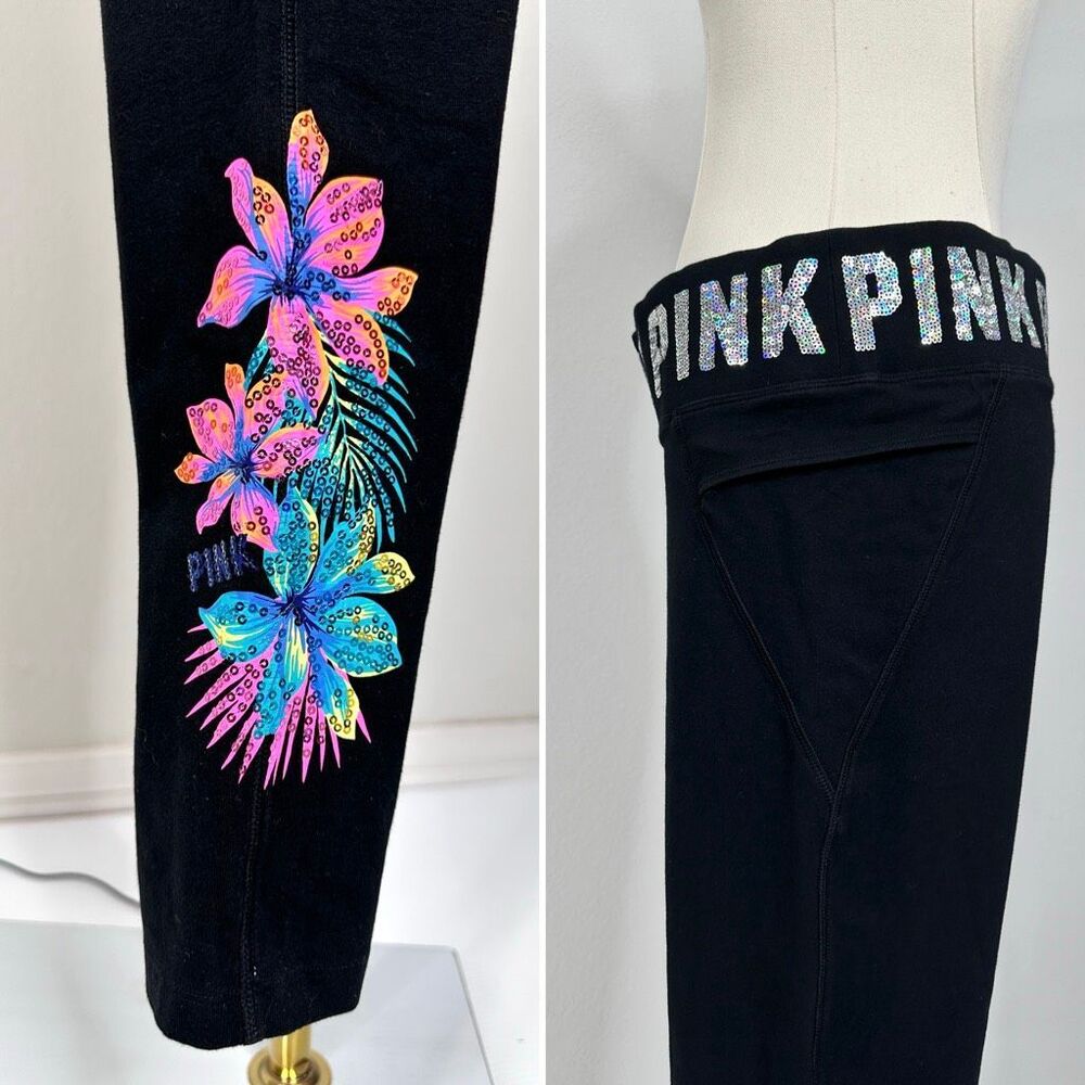 PINK Victoria’s Secret Tropical Floral Bling Yoga Leggings L Black Sequin Waist - Picture 10 of 16